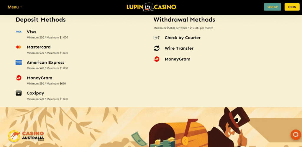 Deposit Methods & Withdrawals at Lupin Casino
