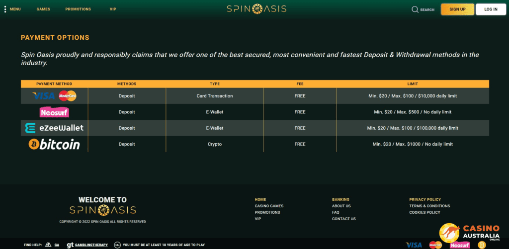 Spin Oasis Casnos Payment Methods
