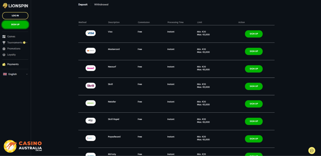 Deposit Methods at LionSpin Casino