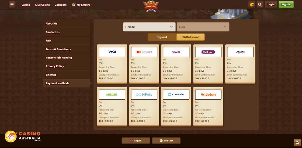 Withdrawals Methods at MyEmpire Casino