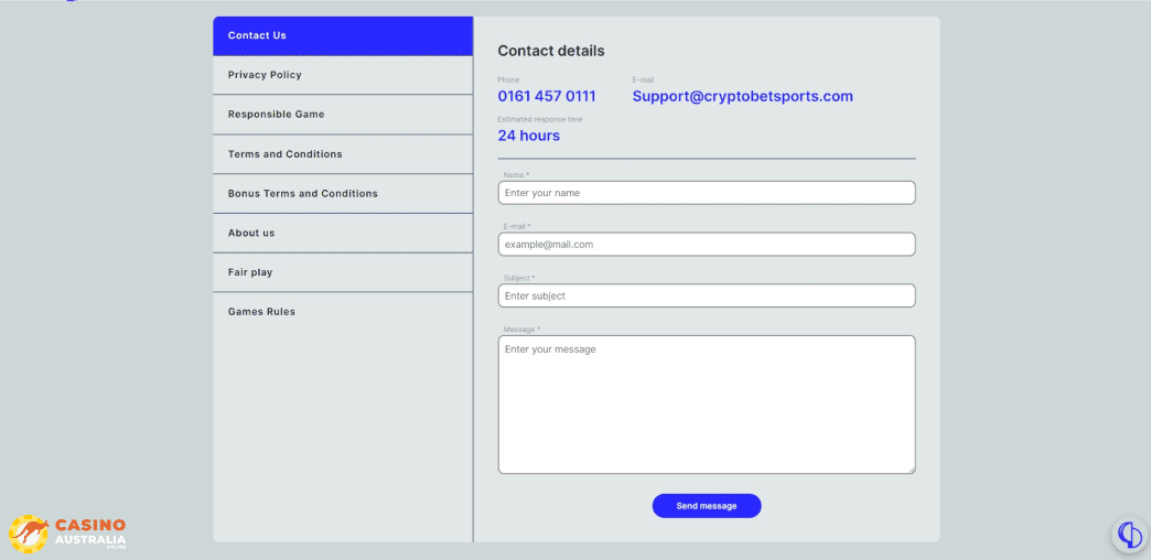 Support at CryptoBetSports Casino Australia
